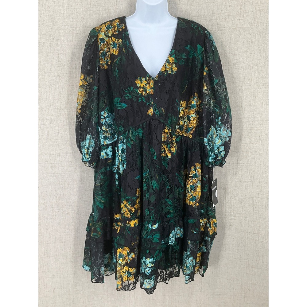 Maison Tara Dress Womens 24W Black Floral Lace Babydoll Tiered V-Neck NEW